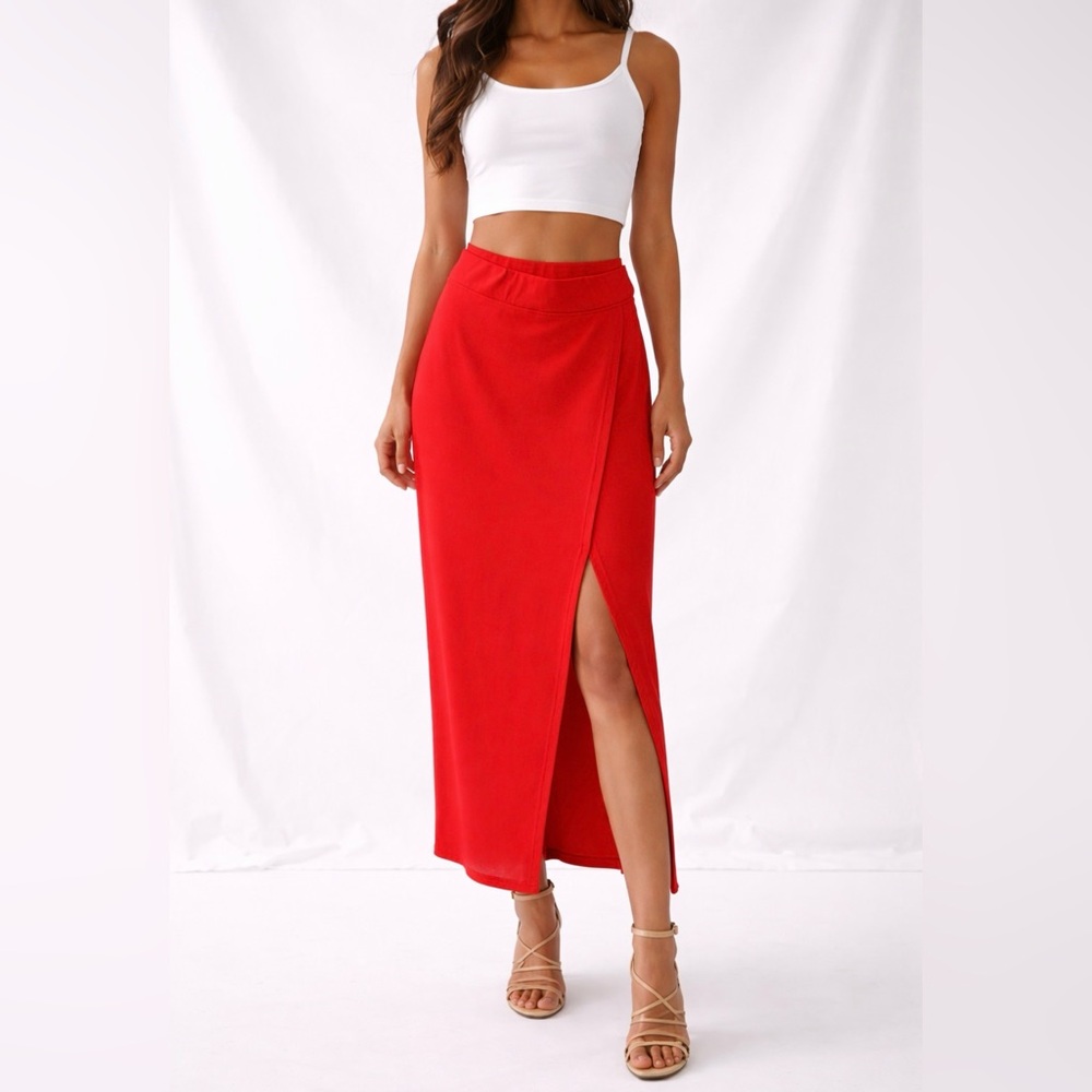 Avec Les Filles Red Ribbed Maxi Wrap Skirt with Slit Size: Large